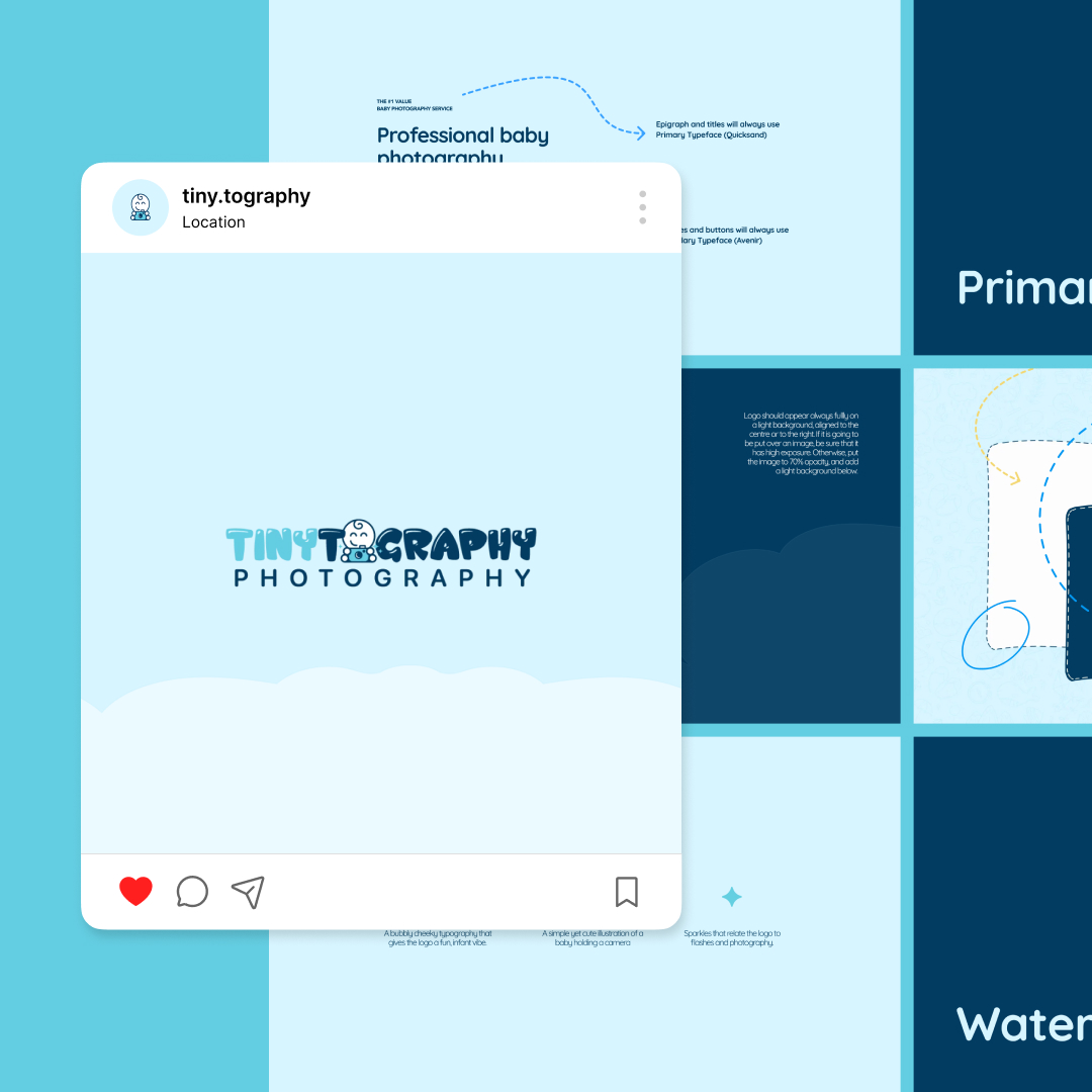 Reel Unlimited 6 Instagram post featuring the logo Tiny.Tography Photography on a blue background. Surrounding tiles promote professional baby photography with simple, soft visuals and text.