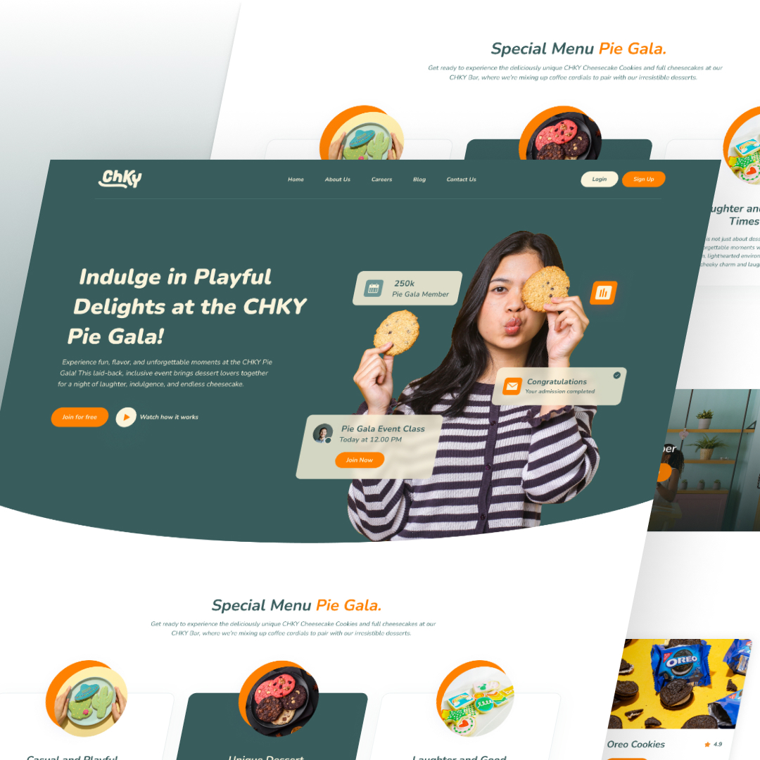 A website homepage with a green background showcases a person playfully holding cookies over their eyes. The text highlights the CHKY Pie Gala event, member benefits, and cookie options. Discover unlimited graphic design offers and special menu items displayed at the bottom.