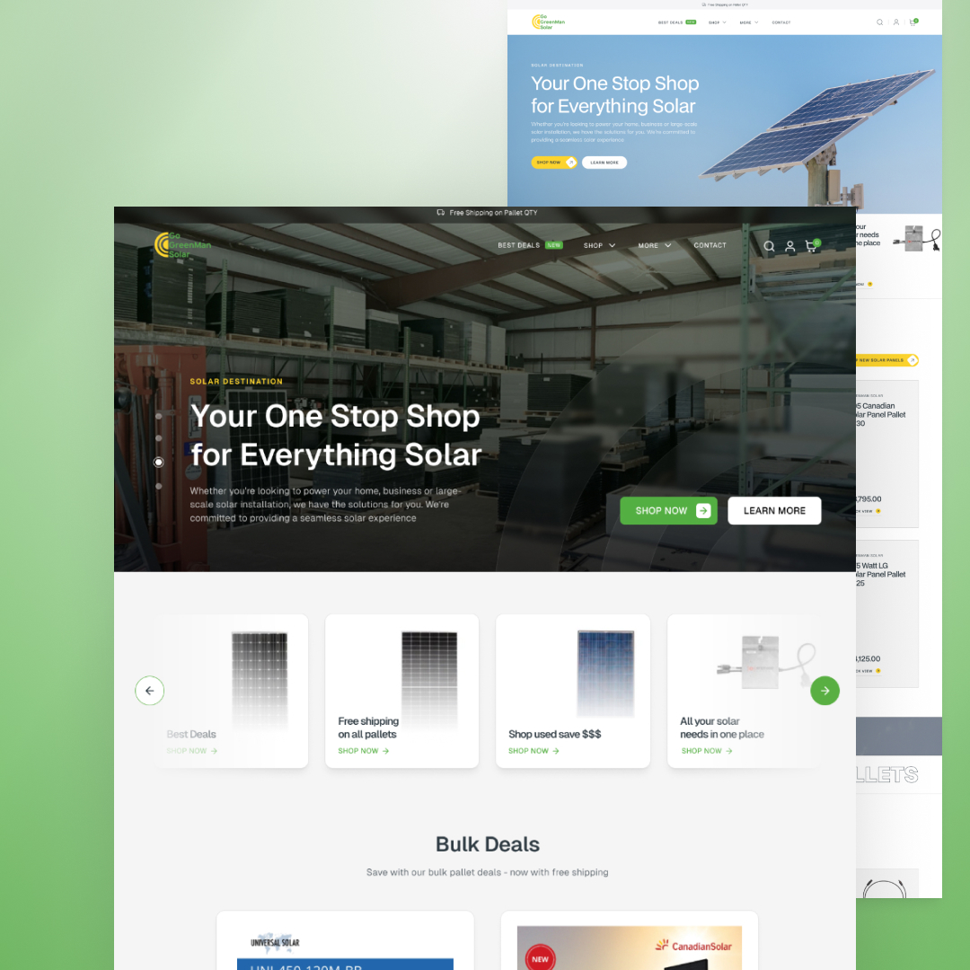 The homepage showcases a solar energy companys offerings with the main banner stating, Your One Stop Shop for Everything Solar. Explore options to shop or learn more. Discover sections for deals, free shipping, and bulk offers, paired with images of solar panels and design subscription ideas.