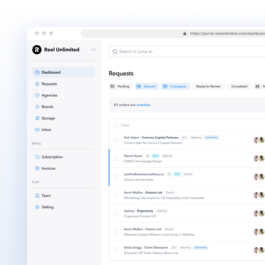 A website dashboard displaying a list of requests offers seamless navigation, covering Dashboard, Requests, Agencies, Brands, Store, and Inbox. The main section highlights requests with statuses like Completed and In Progress, ideal for managing unlimited graphic design tasks in your design subscription.
