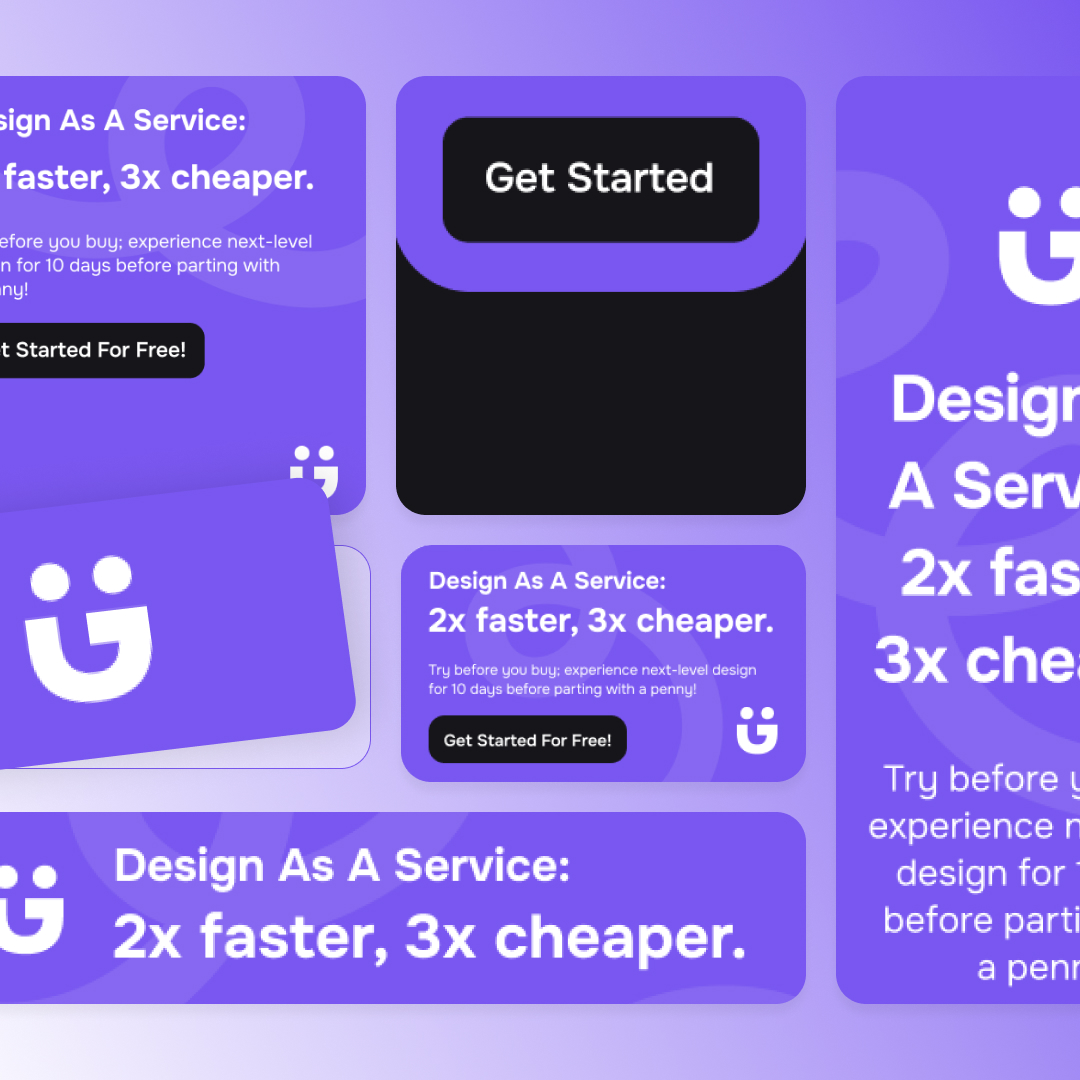 Purple-themed graphic design highlighting a Design As A Service offering with slogans 2x faster, 3x cheaper and Try before you buy. Features a smiling logo and a Get Started For Free button, perfect for those seeking an affordable design subscription.