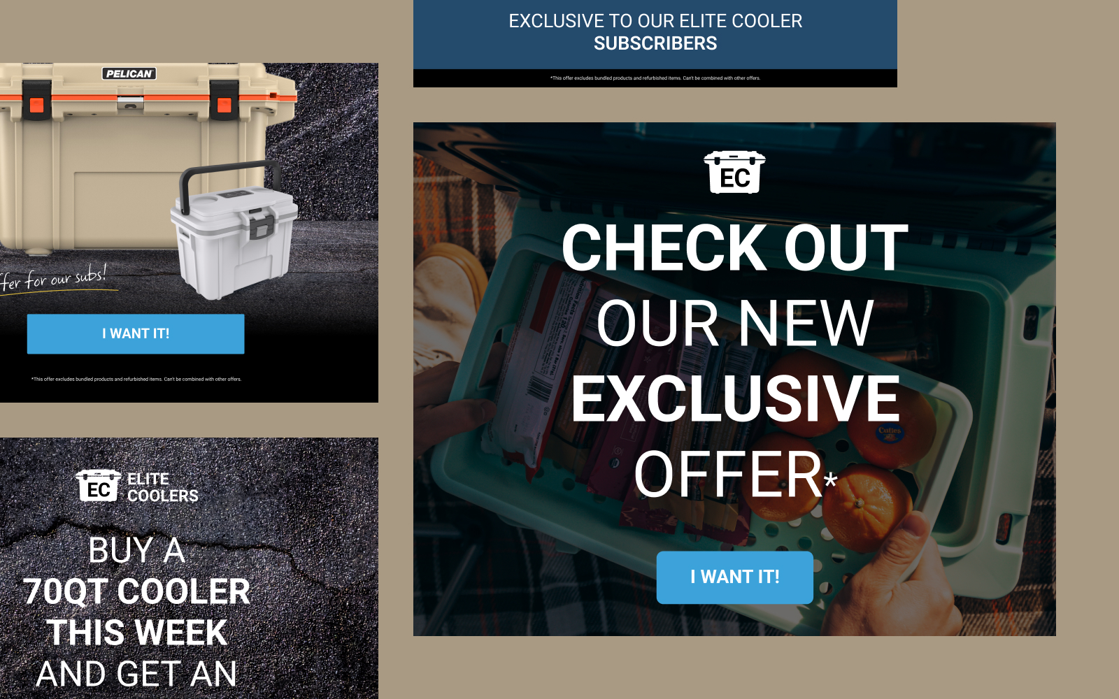 A promotional graphic featuring coolers with text highlighting Elite Cooler offers. It includes calls-to-action like I want it! and mentions an exclusive offer and a chance to win a 70QT cooler this week.