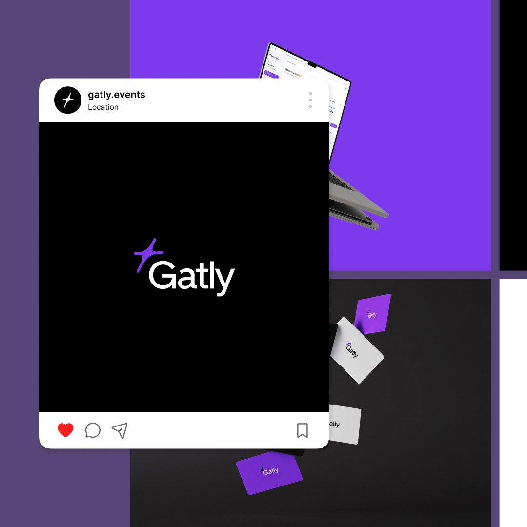Instagram post showcasing the Gatly logo in white on a black background. Below, branded business cards in purple and white seem to float effortlessly. A laptop with a purple screen emerges against a sleek purple and black background, highlighting our unlimited design subscription service.