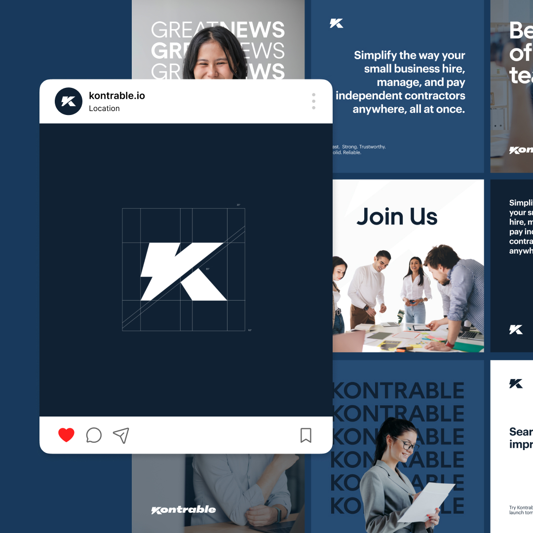 A collage of images promoting Kontrable.io features a central K logo on a dark backdrop. Surrounding panels showcase diverse professionals, text about business solutions, and the phrase Join Us. Experience unlimited graphic design with our dynamic design subscription service.