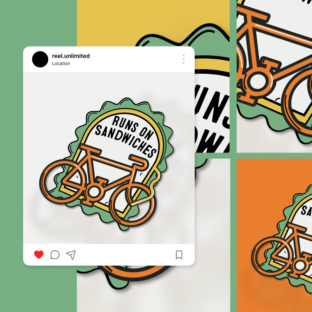 Graphic of a bicycle with the phrase Runs on Sandwiches. Styled as a social media post, it features a white background and orange border accents, showcasing creativity. Enhance your feed consistently with Reel Unlimiteds graphic design subscription service.