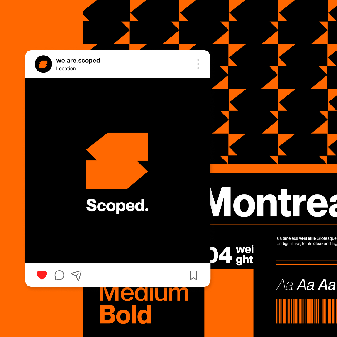 Abstract design featuring orange and black geometric patterns with a small Instagram-style post showing the Scoped logo. The background includes Montreal and font styles like Medium Bold, all crafted under an unlimited graphic design subscription for endless creative possibilities.