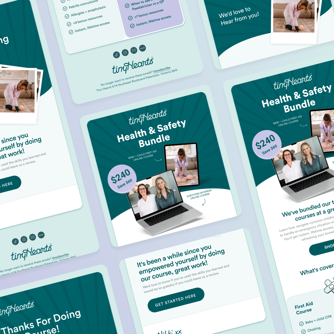 A set of eight cards promotes the tinyHearts Health & Safety Bundle, highlighting its value with images of people and a laptop showcasing online courses. With teal backgrounds and bold text, its an offer as flexible as an unlimited graphic design subscription.