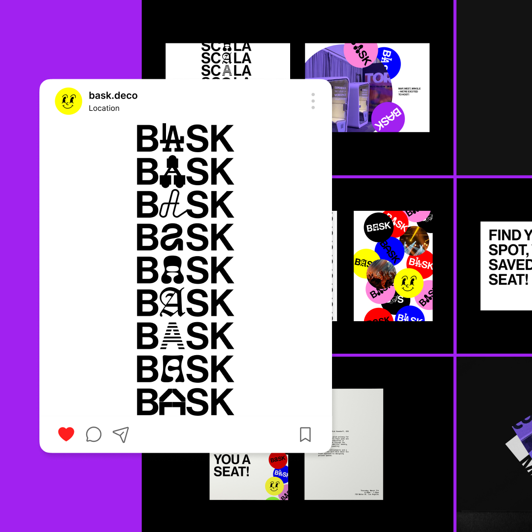 A digital collage featuring an Instagram post from bask.deco displays the word BASK in diverse styles. Surrounding the post are eclectic typography and vibrant graphics on a black background, showcasing unlimited graphic design possibilities.