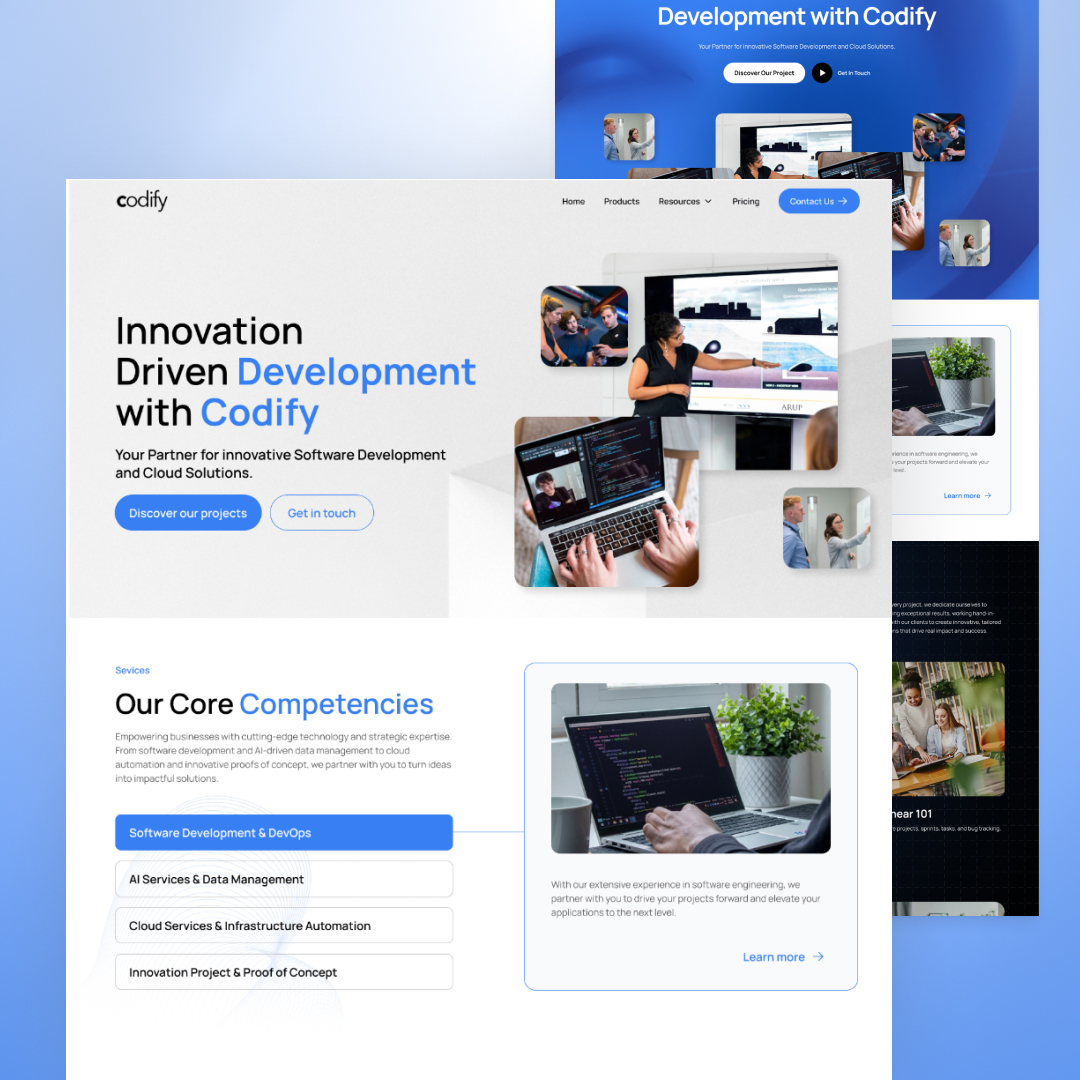 Webpage for Codify with a focus on innovation in software development and cloud solutions. Features images of people working on computers, a menu bar, and sections detailing core competencies in software development, infrastructure automation, and options for design subscription services.