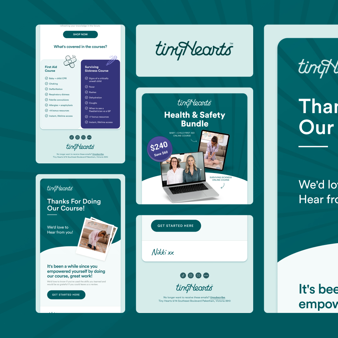 A mockup of website screens for tinyHearts showcases unlimited graphic design features. It includes course coverage details, a thank you message for completion, a health and safety bundle offer, a text entry field, and the logo. The design elegantly blends teal and white colors.