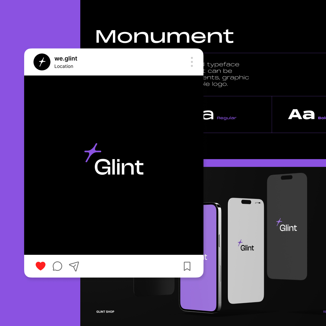 A promotional graphic showcasing the Glint phone case on a dark background highlights unlimited graphic design possibilities. Includes a mock Instagram post featuring the logo, with font styles and examples displayed on various phone models.