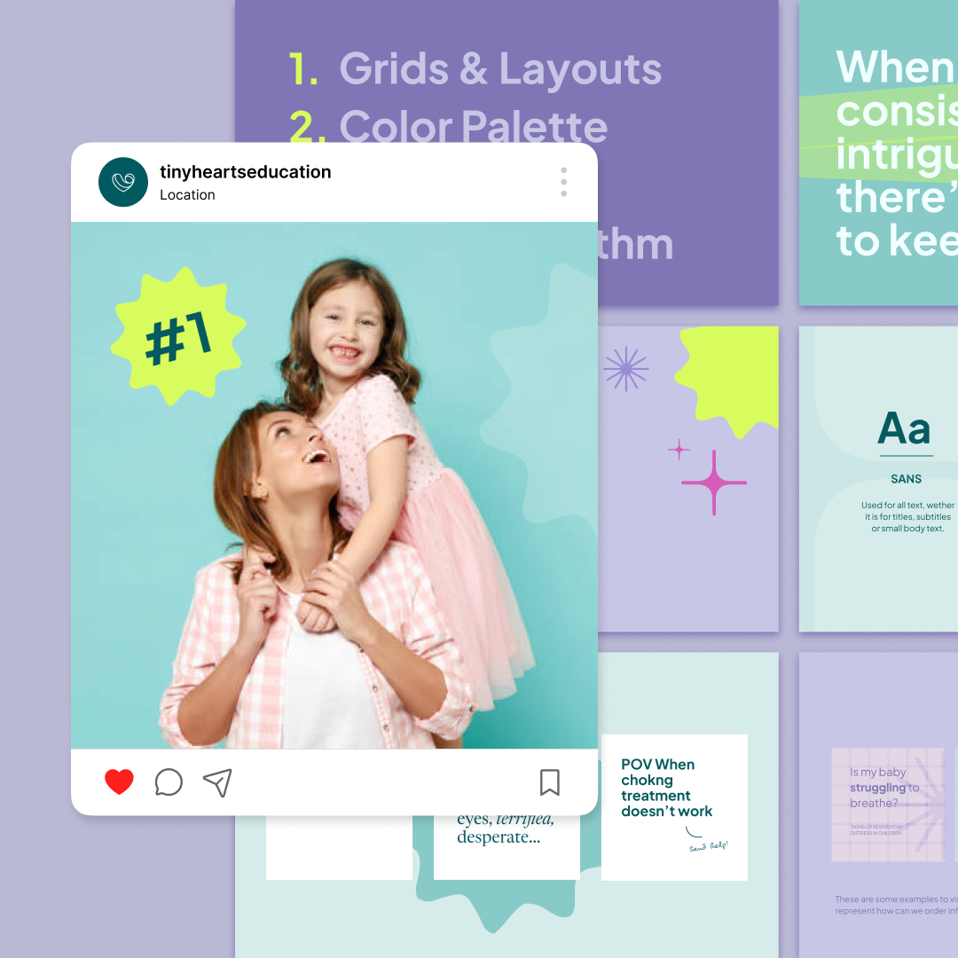 A smiling adult and child pose joyfully in the foreground on a teal background, with the child sitting on the adults shoulders, next to a graphic that reads #1. In the background, design elements and text on grids and typography are visible.